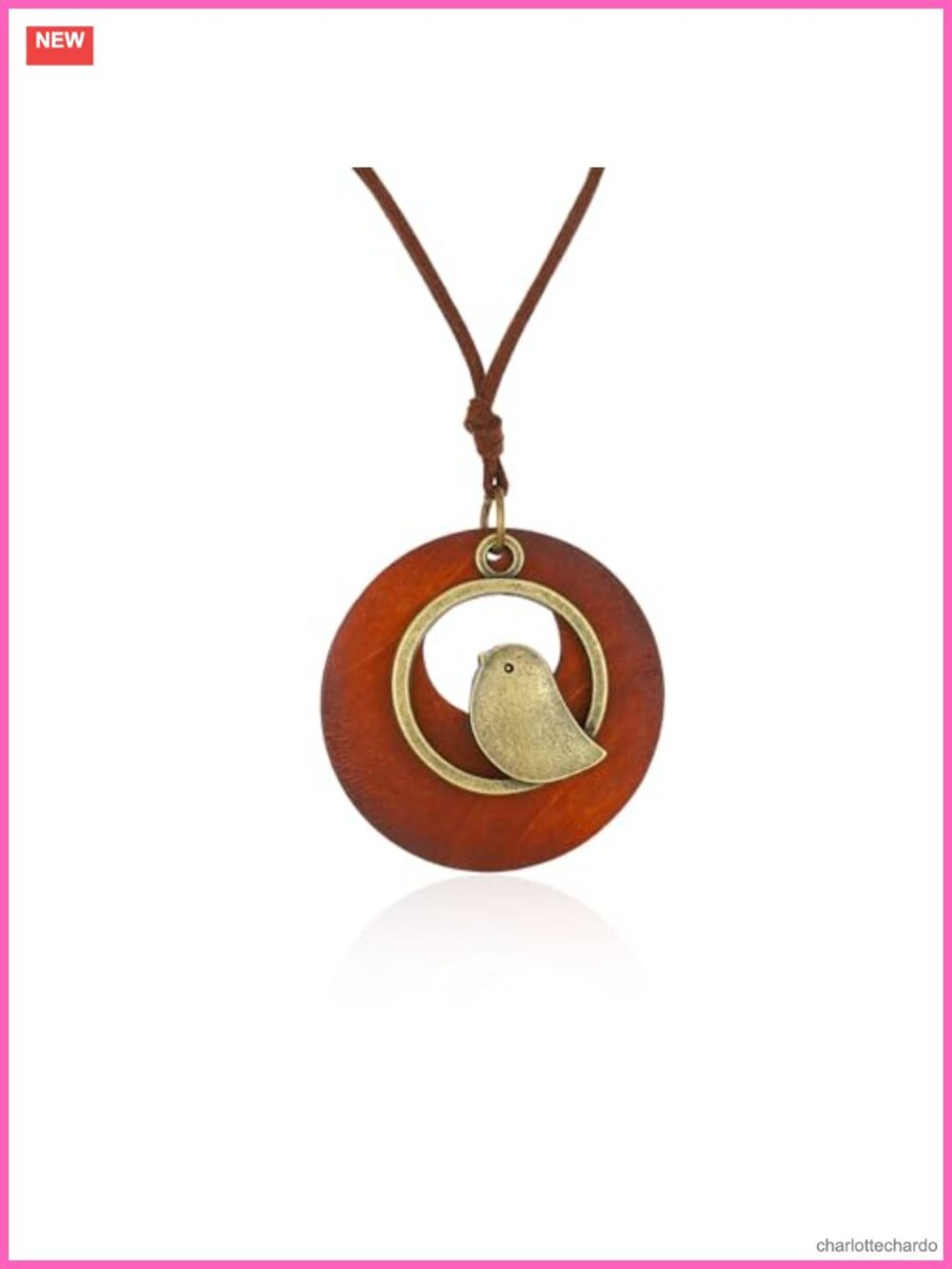 Wood Bird Pendant Necklace Boho Rope Adjustable Handmade